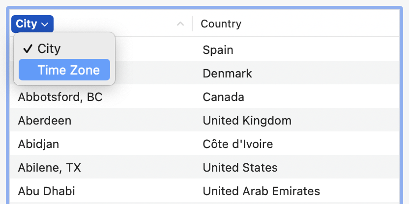 Cities and Time Zones Pop-Up Menu in Table Column Header